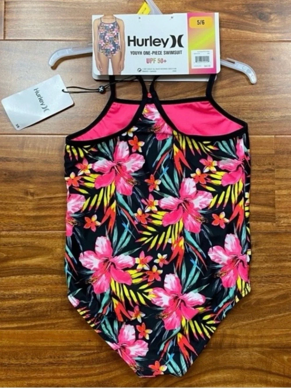 NWT New Hurley Little Girl Pink Hawaiian Floral Racerback One Piece Swimsuit 5/6